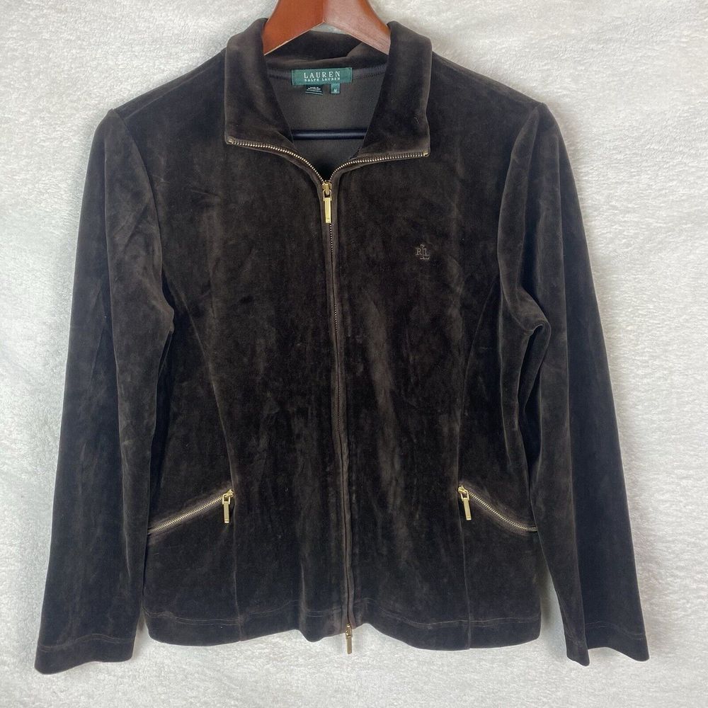 Lauren Ralph Lauren‎ Zip Up Jacket Womens Medium Brown Velvet Basic y2k